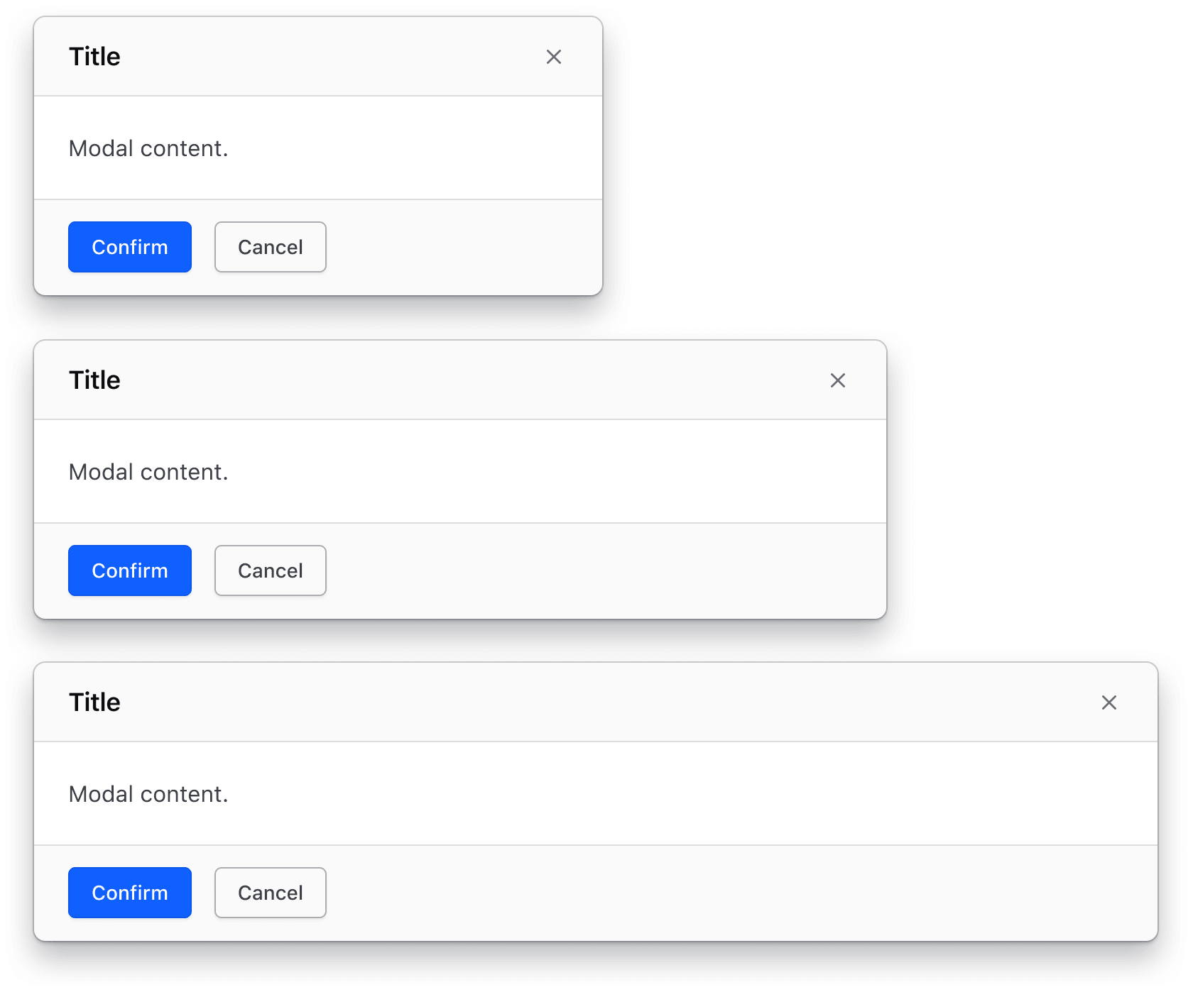A small (400px wide), medium (600px), and large (800px) modal vertically stacked.